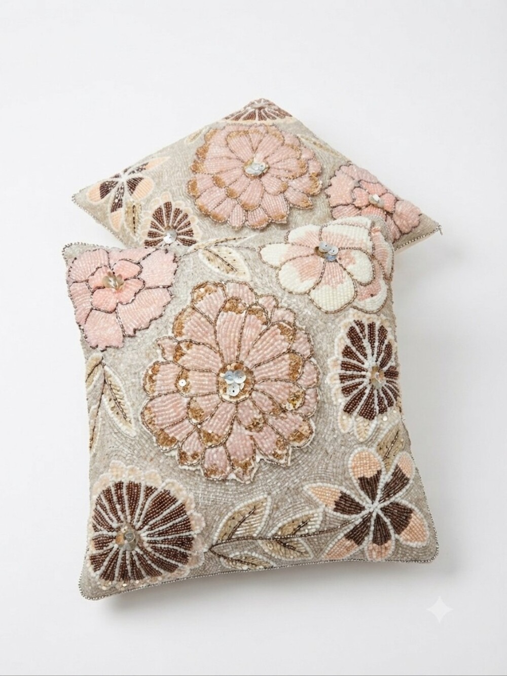 Set of 2 Pier 1 Imports Beaded Sequin Floral Throw Pillows Pink Gold Cream 11"x1